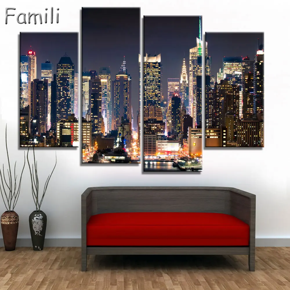 

4pcs Modular Poster Board No Framed Canvas Oil Painting New York Manhattan Pictures City Landscape Wall Art For Living Room