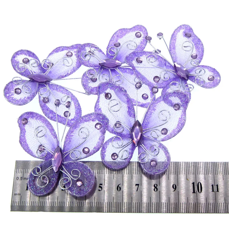 10pcs Purple mesh wire butterflies glitter rhinestone butterfly charm for wedding craft Party DIY Decorations 5.2 x 5.6cm