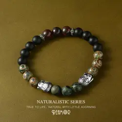 REAMOR Natural Black Onyx Red-veins Stone Buddha Head Beaded Bracelet Men Jewelry Stainless steel Buddha Elastic Bracelet Female