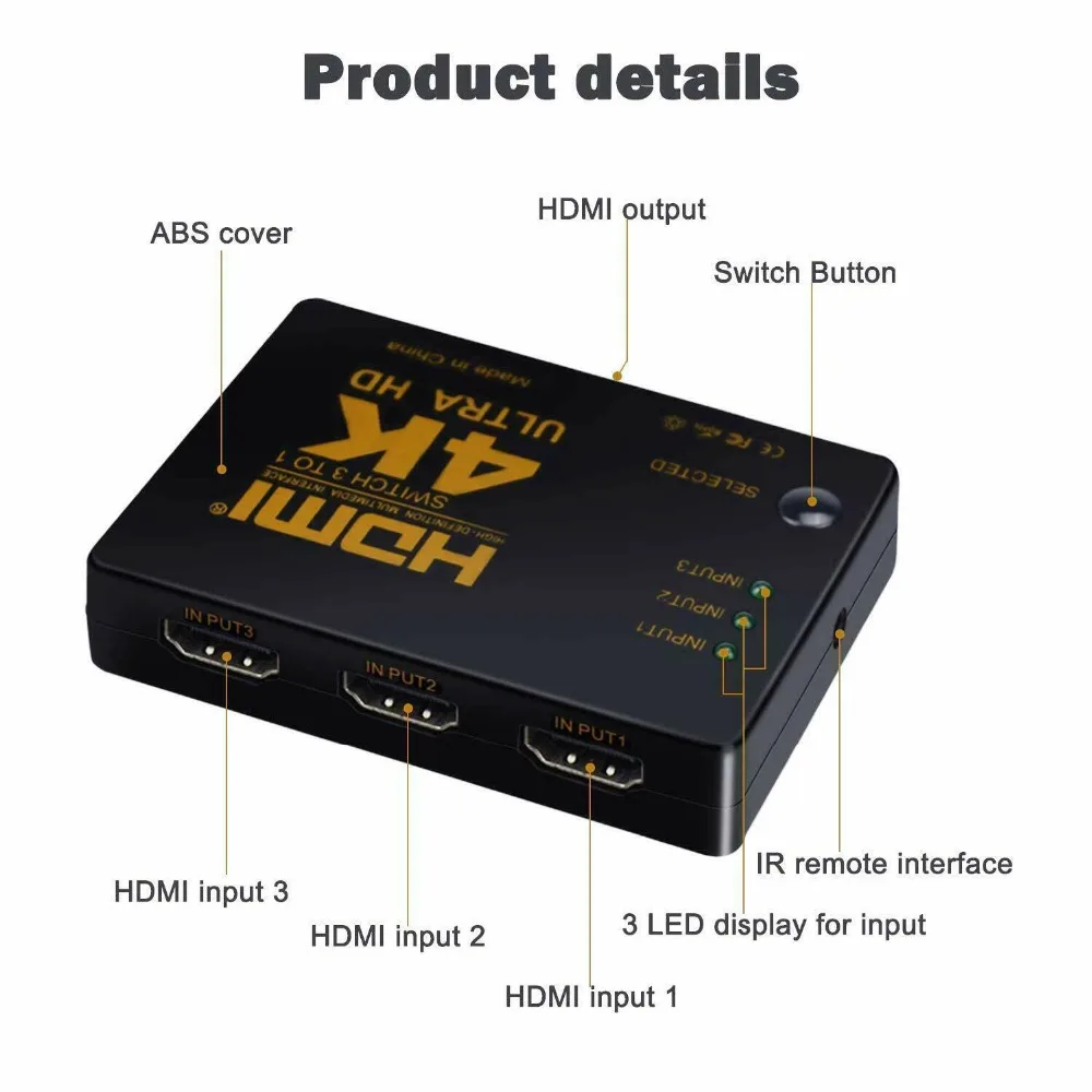 3 Port UHD 3D 4 K 1080 P HDMI Splitter Switch Selector Switcher Hub IR Remote HDTV