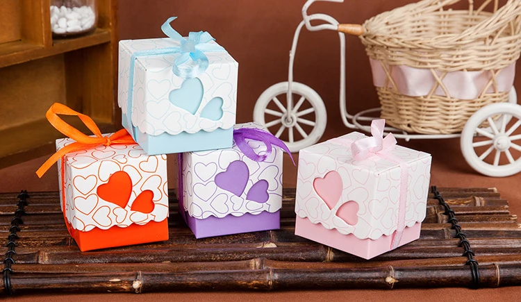 5*5*5cm 300pcs High-end Love Heart Wedding Favor Candy Boxes with Ribbon Party Supplies Decoration Event Party Supplies Gift Box