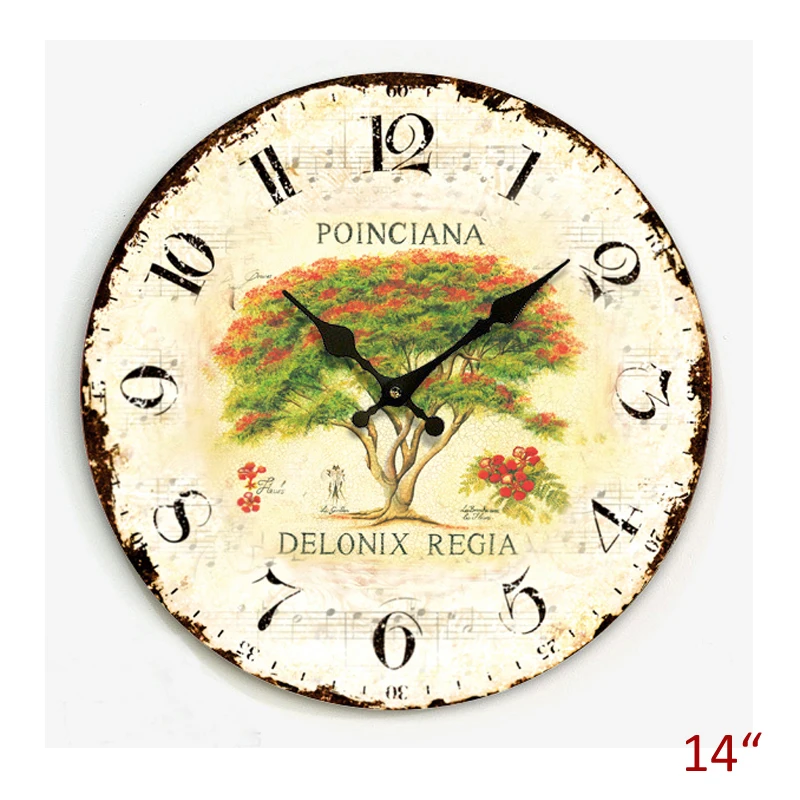 Antique Style Pastoral Accents Poinciana Delonix Regua Plant Laminated Paper Print 34CM Round MDF Home Decor Wall Clock