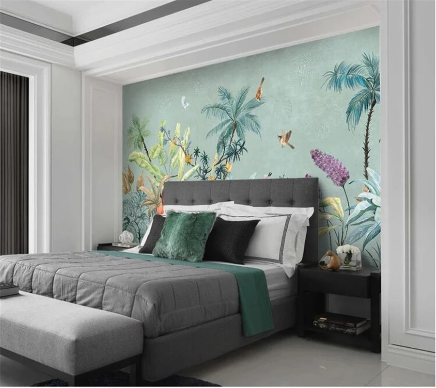 wellyu Custom wallpaper papel de parede Medieval hand drawn tropical rainforest flowers and birds background wall painting