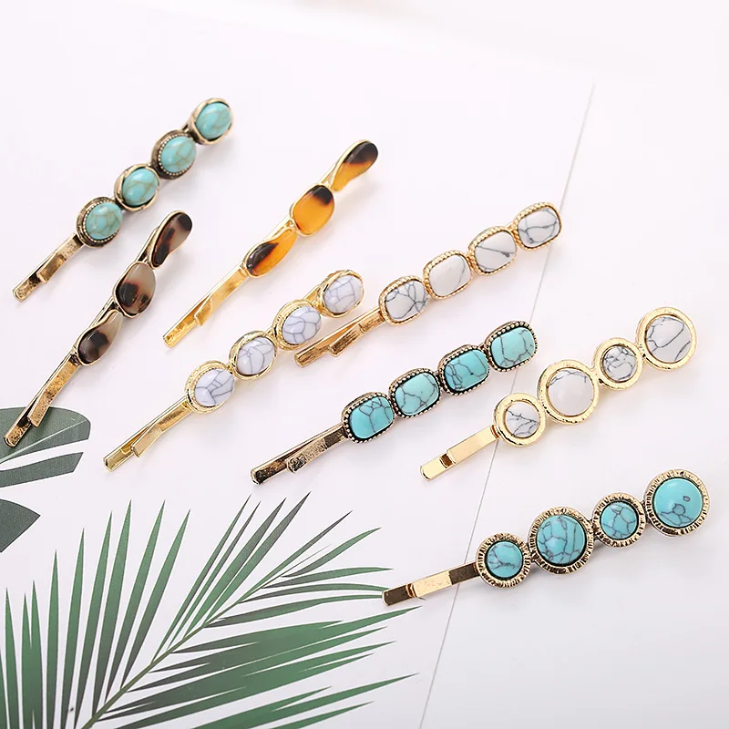 2pcs/Set Korean Fashion Women Girls Gold Metal Geometric Hair Clips Natural Stone Hairpins Vintage Barrettes Hair Accessories