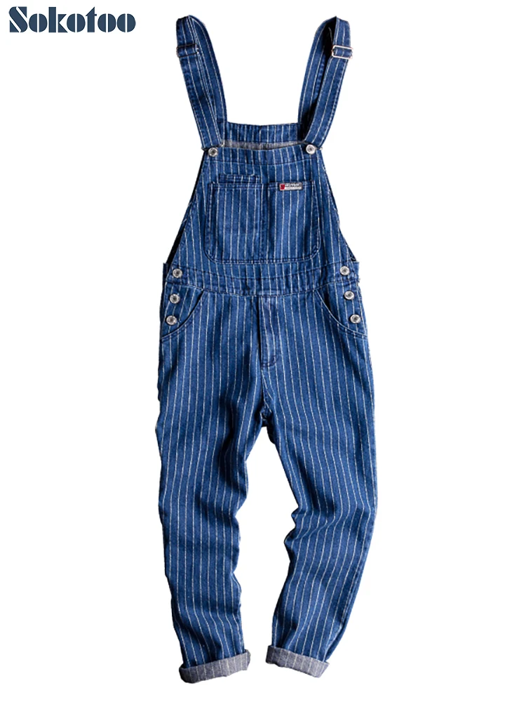 Sokotoo Men's Stripe Printed Blue Denim Bib Overalls Suspenders Jumpsuits Coveralls Youth Jeans