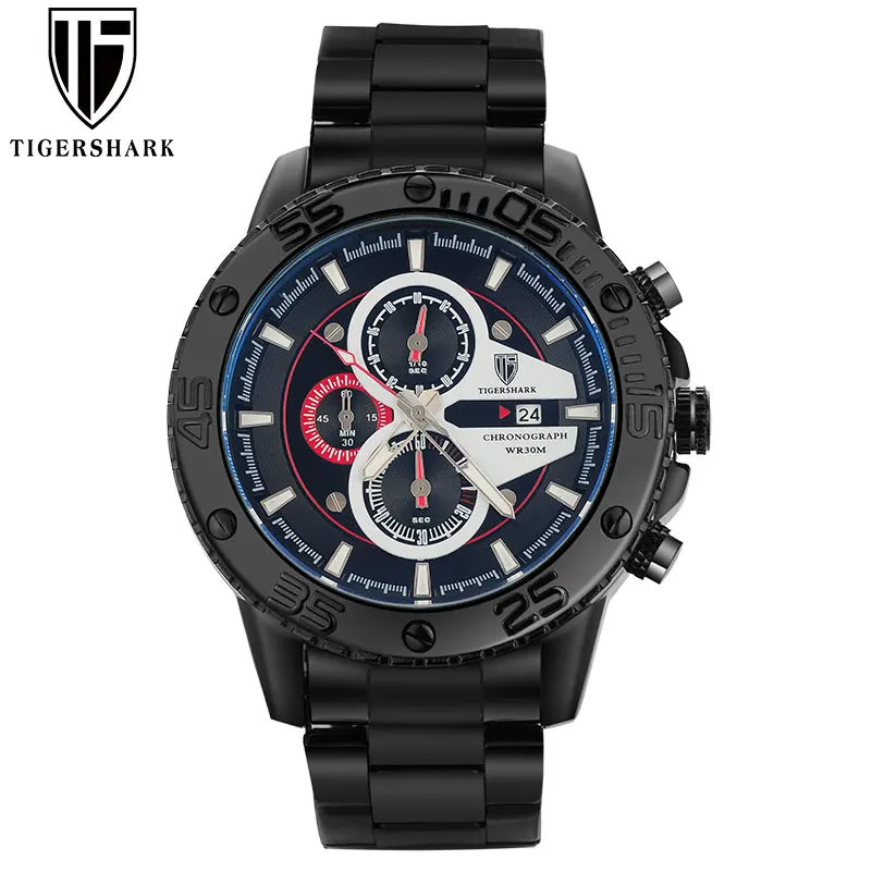 

luxury men sport watches TIGERSHARK brand men quartz watch red stainless steel chronograph wristwatches gift box 30M waterproof