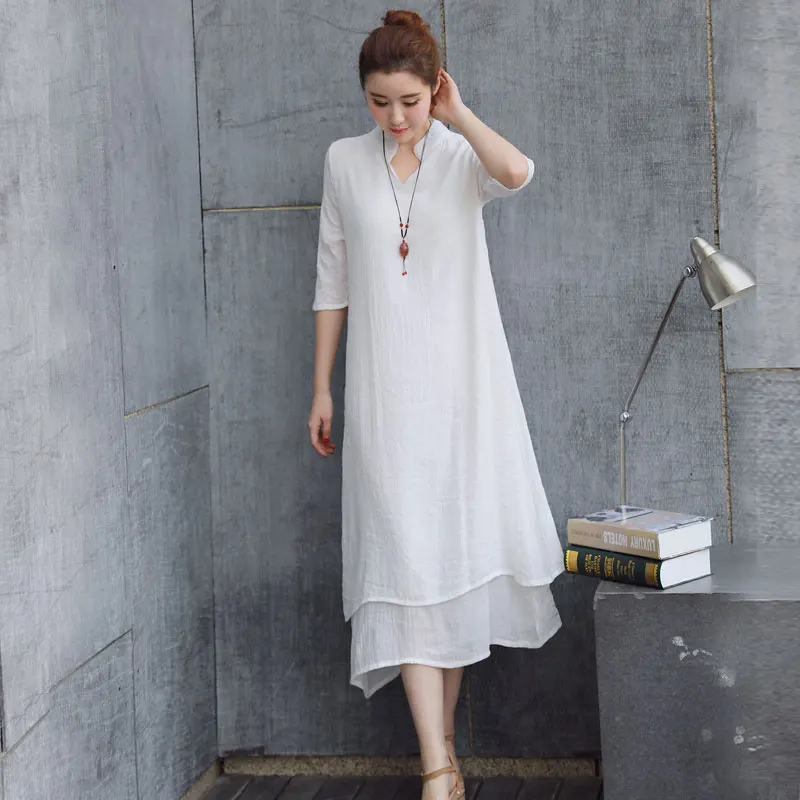 

New Style National Wind Solid False Two Pieces Summer Women Dress Casual Linen Loose Half Sleeves Stand Collar Dress QH0023