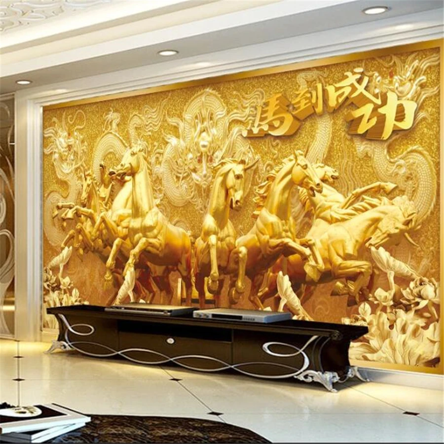 

Custom wallpaper 3d stereo photo mural eight horses male wind gold relief hotel TV background wall paper home decor 3d wallpaper