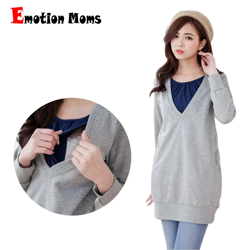 Emotion Moms Winter Maternity Clothes Long Breastfeeding Hoodie Thick and Thermal Pregnant Dresses