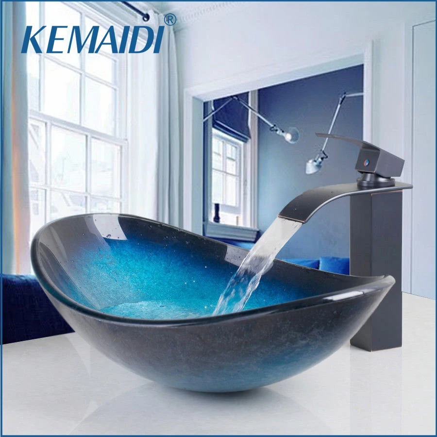 

KEMAIDI Bathroom Sink Tempered Glass Washbasin Vessel Sink Waterfall Faucets Combo Black Bathroom Basin Faucet Tap Set