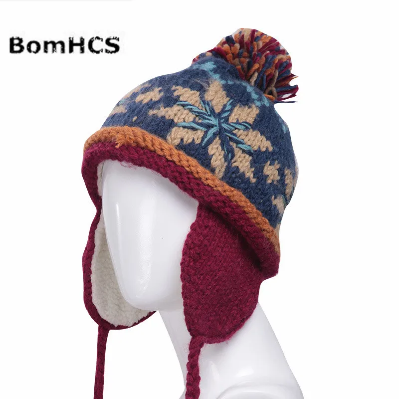 BomHCS 100% Handmade Ethnic Style Crochet Mosaic Parquet Beanie Knitted Hat Women\'s Winter Warm Cap