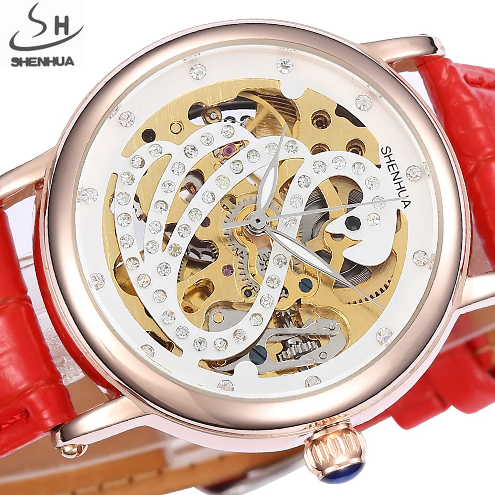 

SHENHUA Designer Skeleton Wristwatches Women Automatic Mechanical Watches Fashion Rhinestone Self Wind Watch Relogio Feminino