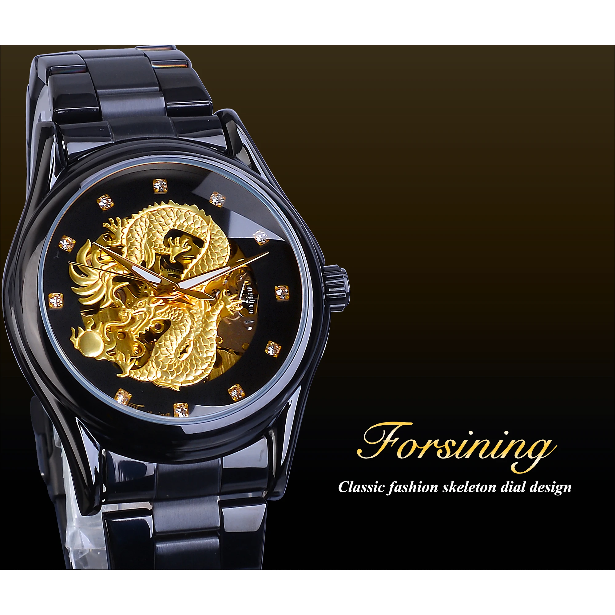 Forsining Skeleton Golden Mechanical Watch Men\'s Automatic 3D Carved Dragon Steel Band Wrist Watches Luxury Top Brand Self Wind