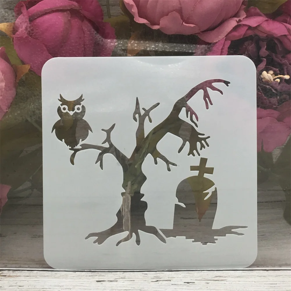 

13*13cm Ghost Tree Owl Tomb Halloween DIY Layering Stencils Painting Scrapbook Coloring Embossing Album Decorative Template