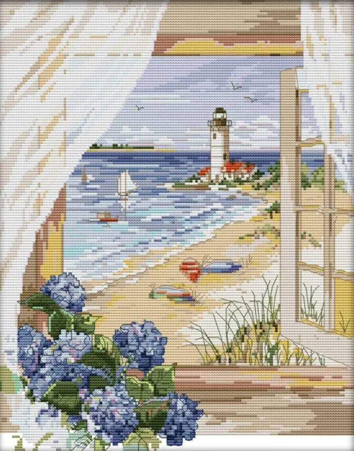 sea scenery out window,Counted Cross Stitch 14CT Cross Stitch Sets Wholesale cartoon Cross-stitch Kits Embroidery Needlework