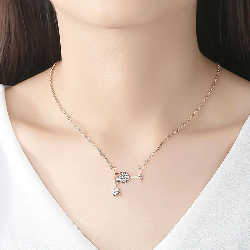 Gold Color Chain Cute Wine Glass Pendant Necklace for Women AAA Zircon Crystal Wine Cup Charm Necklace Choker Dropshipping