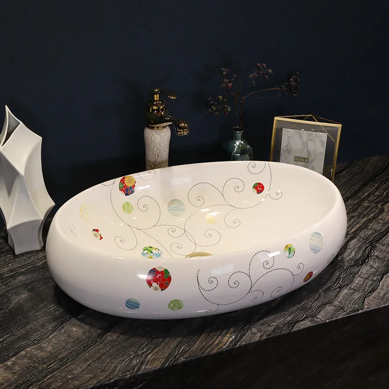 

Oval Bathroom Cloakroom Europe Style Ceramic Art Basin Counter Top Wash Basin Bathroom Vessel Sinks ceramic hand wash sink