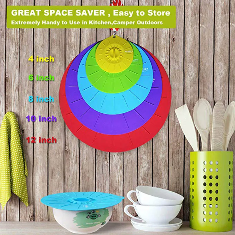 WALFOS Set of 5 Silicone Microwave  Bowl Cover Cooking Pot Pan Lid Cover-Silicone Food Wrap Cooking Tools Kitchen Utensil