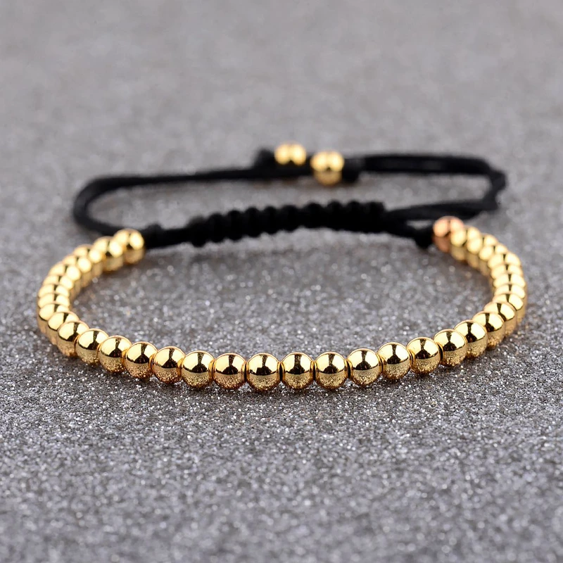 New Gold Color Diy Pave CZ Ball Charm Bracelet Men Women Braided Macrame Copper Beads Jewelry Gift For Men Women