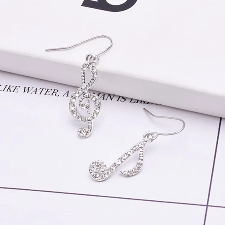 Asymmetric Personality Trendy Music Notes Ear Hook Crystal Silver Color Rhinestone Earring  Women Accessory Lady Dangle Earrings