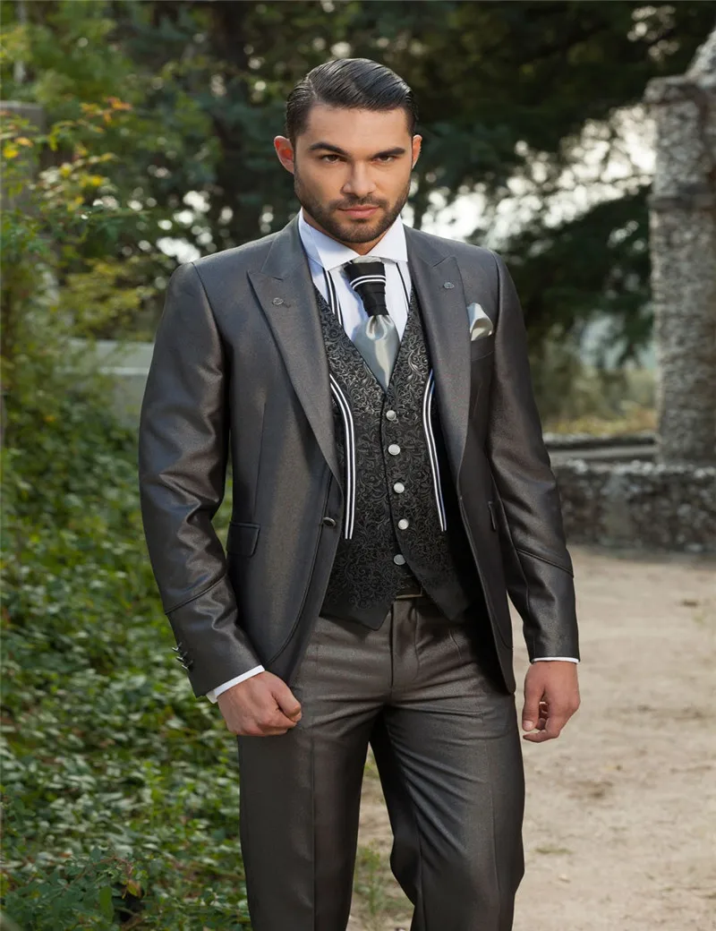 

Customized mens tuxedo jacket Wedding suits grey prom Suit Mens Tuxedos best men Suits Jacket+Pants+Tie+Vest