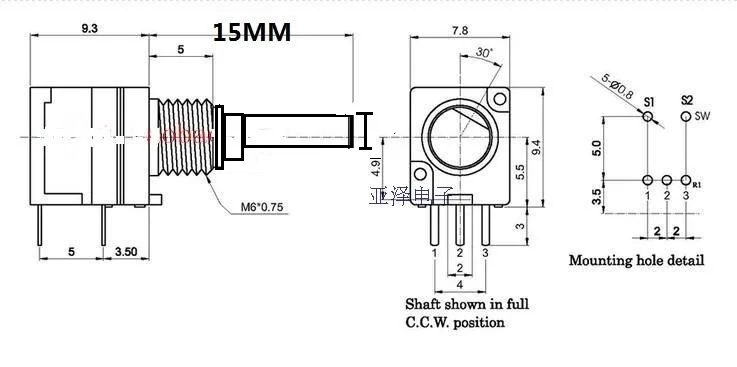 3pcs  for LJV , volume switch, intercom switch, potentiometer A103, accessories, fine shaft, long 15MM