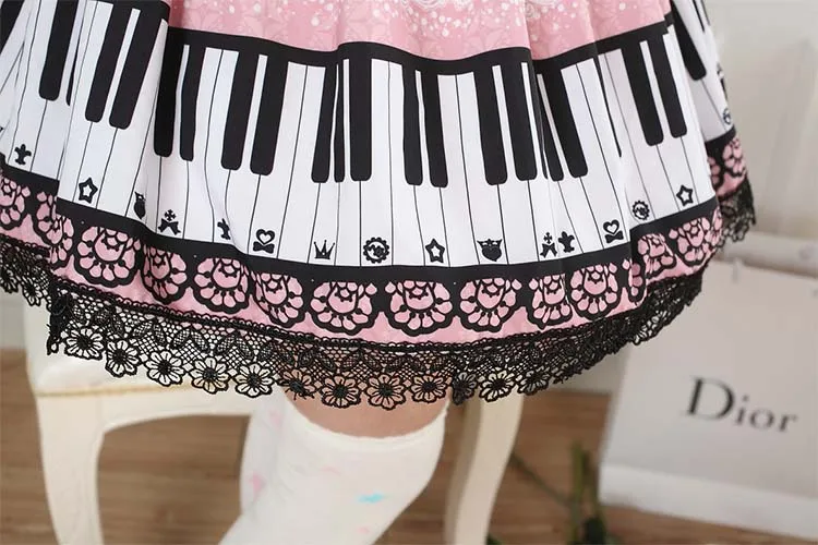 Harpsichord Piano Keyboard Printed Skirts Women Pink Lolita Princess Pleated Lace Sweet A-Line Super Cute Lady Fashion Skirt