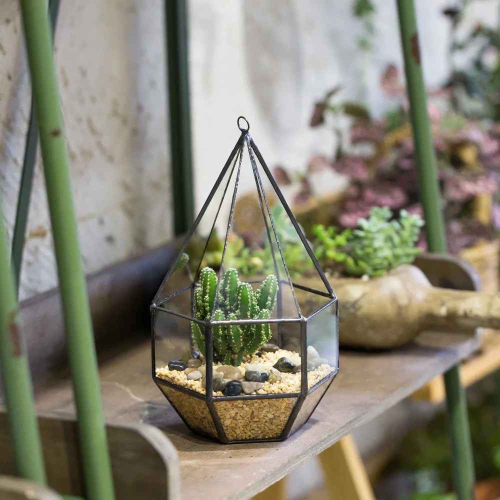 Handmade Hanging Geometric Six-surface Diamond Glass Geometric Terrarium Tabletop Succulent Plant Box Planter Hanging Flower Pot