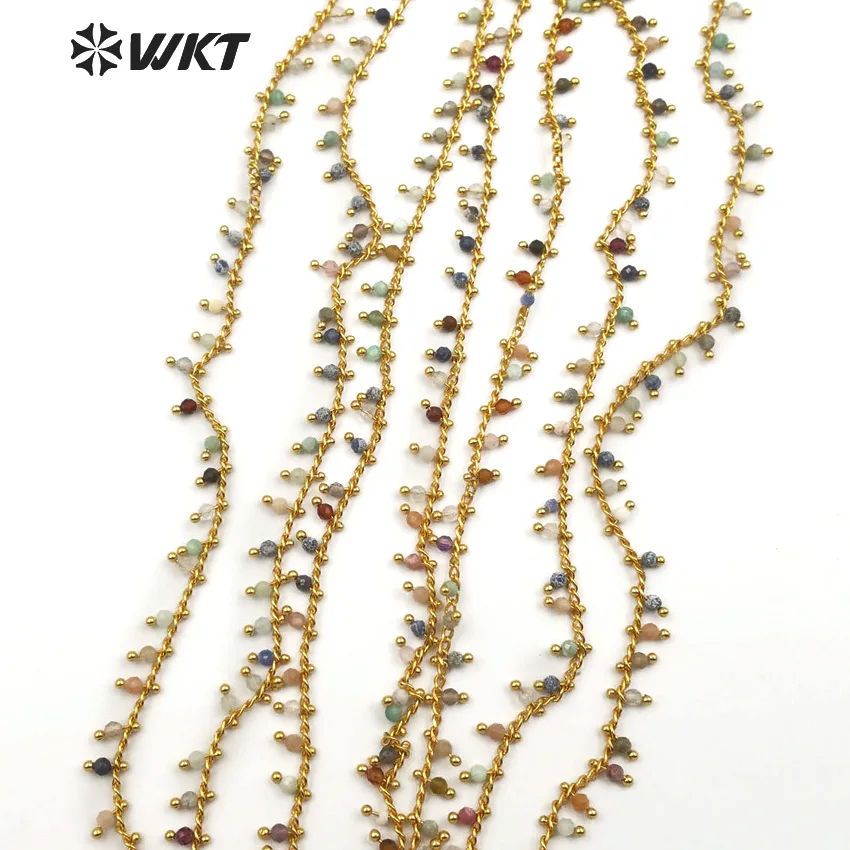 WT-RBC094 WKT New wholesale five meters/batch of natural multi-color stone mixed with brass rosary chain jewelry making necklace