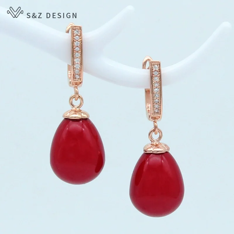 S&Z DESIGN New Imitation Pearls Water Drop Earrings For Women Wedding Party Fashion Cubic Zirconia 585 Rose Gold Color Jewelry