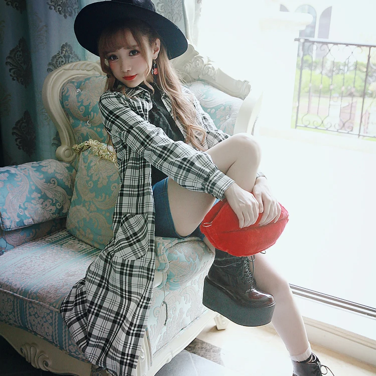 Princess sweet lolita lattice shirt BOBON21S Personality Plaid long cardigan shirt collage style student Cute girl C1394