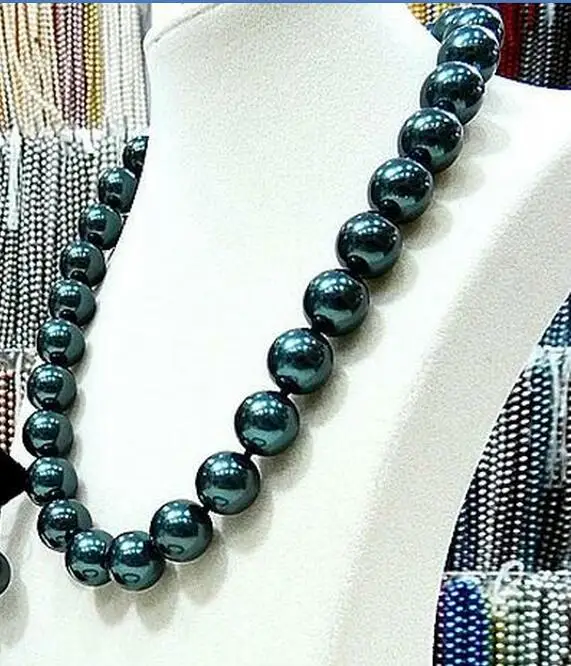 classic jewelry necklace 16mm round bead deep green black Natural SOUTH SEA SHELL PEARL NECKLACE 18'' 45cm