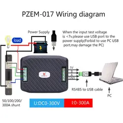 PZEM-017 DC Current Meter RS485 Interface Modbus Voltmeter Power Energy Wattmeter 0-300V 50A/300A Shunt USB Cable