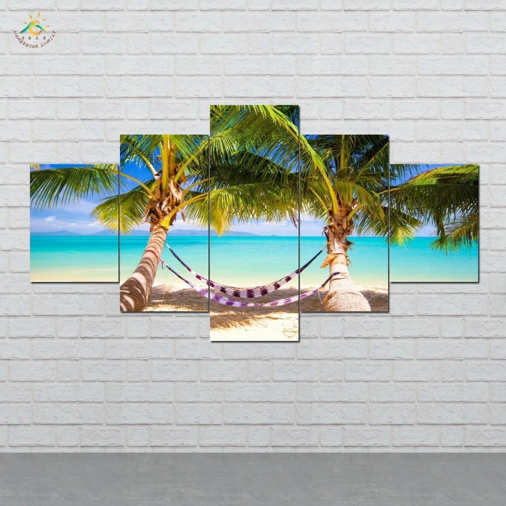 

Beaches Sea Hammock Palms Picture And Poster Canvas Painting Modern Wall Art Print Wall Pictures For Living Room 5 PIECE