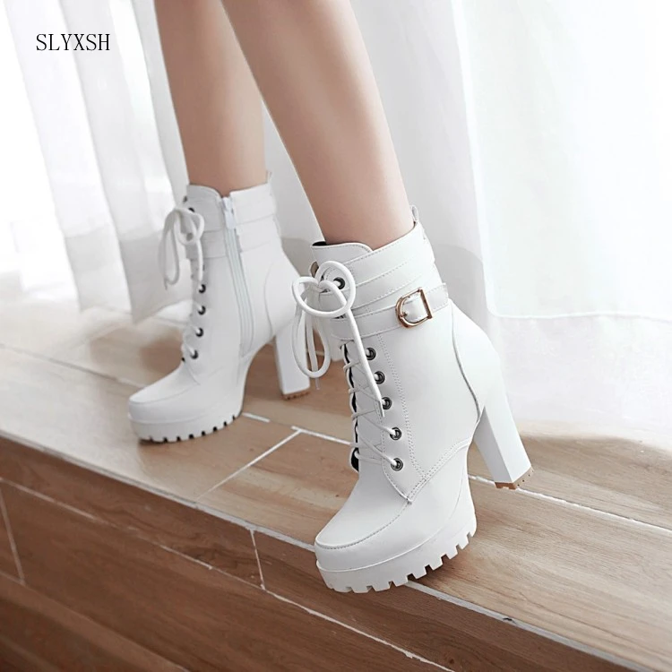 

SLYXSH High Heels Women Ankle Boots Lace Up Fall Winter Platform Ladies Boots Large Size Fashion Shoes White Black Brown