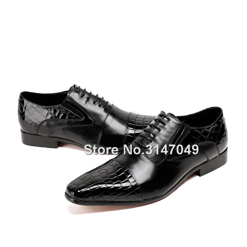 Black crocodile Genuine Leather Men's Wedding Brogue Shoes Wingtip Lace Up shoes Black Office Party Formal Oxford Dress Shoes