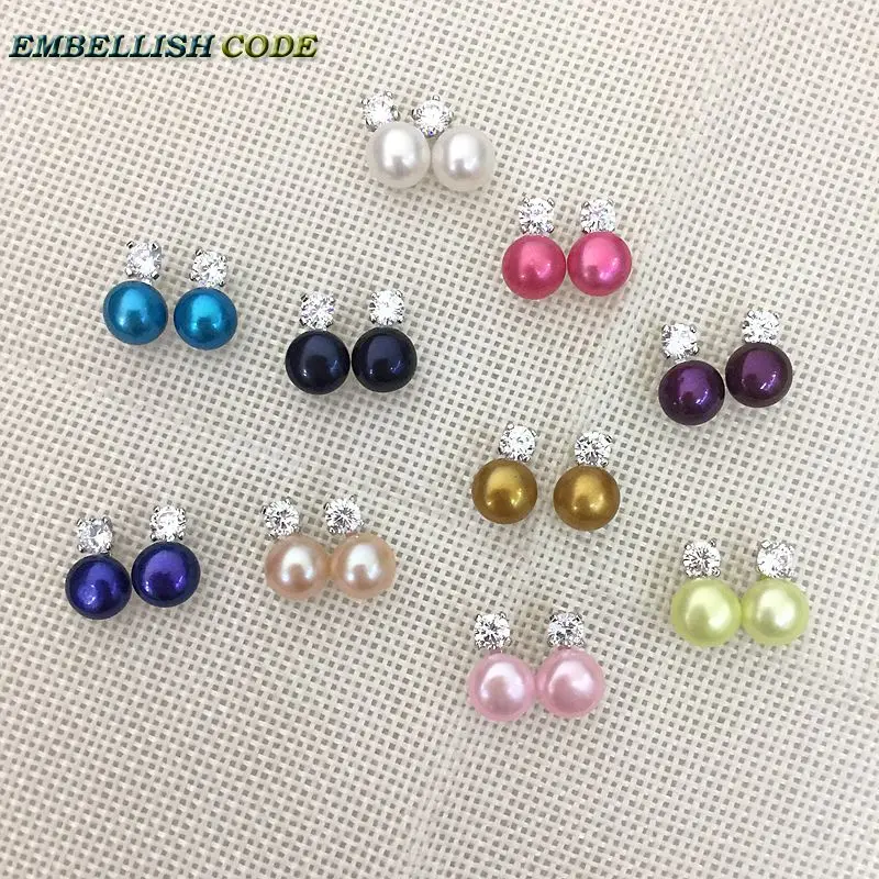 charming natural fresh water stud pearl earrings 8mm fine jewelry zirconium white black purple brown blue