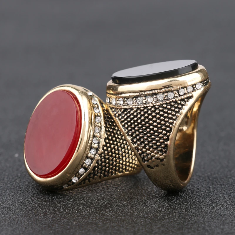 2018 New Arrivals Indian Jewelry Vintage Big Signet Wedding Ring Big Crystal Black Red Stone Gold Rings Men Accessories