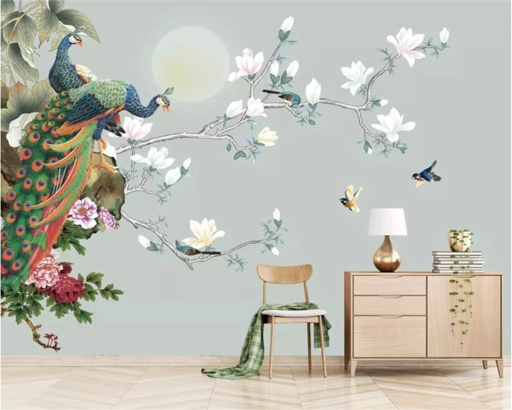 

Customized 3d wallpaper new Chinese hand-painted magnolia blossoms flowers and birds peacock TV background wallpaper