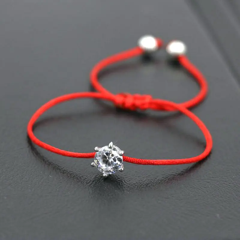 BPPCCR 2pcs/set Lucky Red Rope String Thread Braid Bracelets Shiny Crystal Zircon 4mm Copper Beads Silver Color Lovers Pulseira