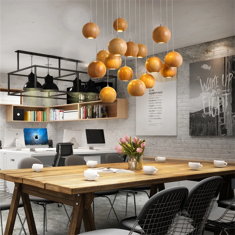 Natural Source Pendant Lights Nordic American Hanglamp Log Restaurant Bar Round Ball LED Solid Wood Luminaire Suspendu