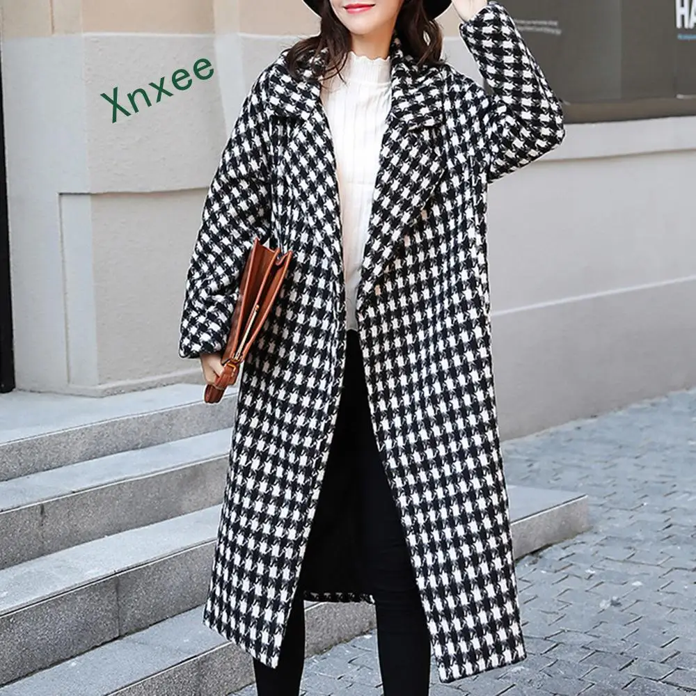 

Xnxee 2019 new autumn women trench long overcoat straight houndstooth wool long sleeve turn down collar fashion coat