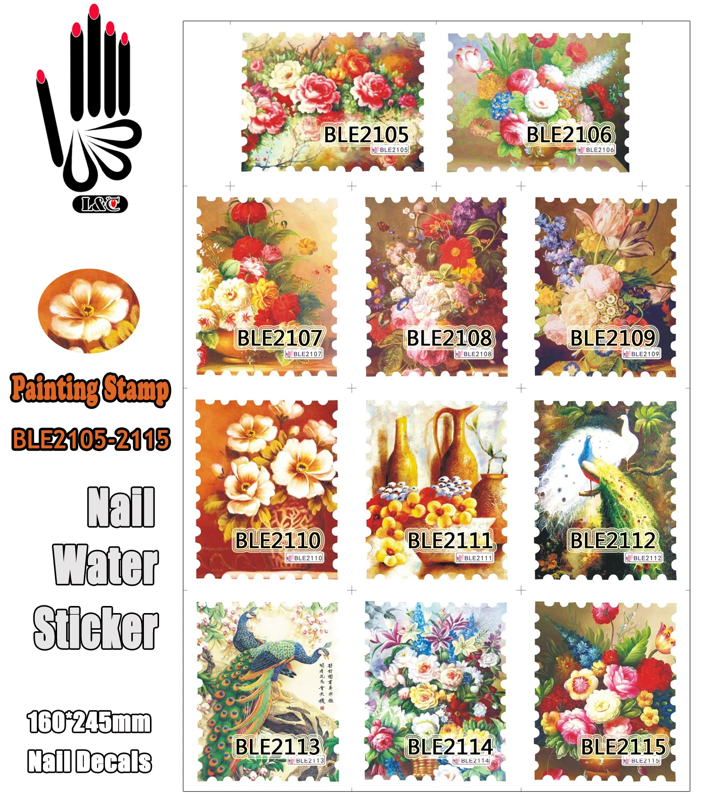 11 Sheets/Lot Flower Nail BLE2105-2115 Painting Flower Stamp Full Cover Nail Tips Nail Art Water Sticker(11 DESIGNS IN 1)