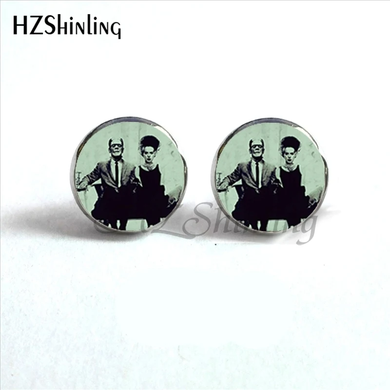 ED-0019 Traditional Frankenstein and His Bride Stud Earrings Handmade Glass Dome Bride of Frankenstein Earring HZ4