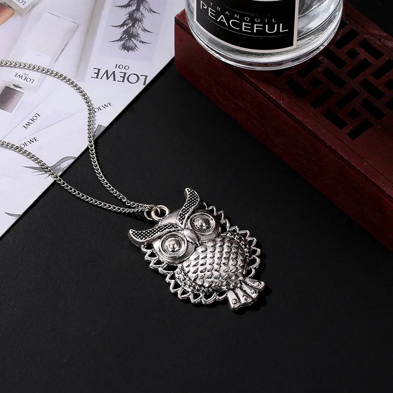 Vintage Vivid Carved Owl Cute Animals Pendant Long Thin Chain Ethnic Style Antique Silver Plated Necklaces For Women