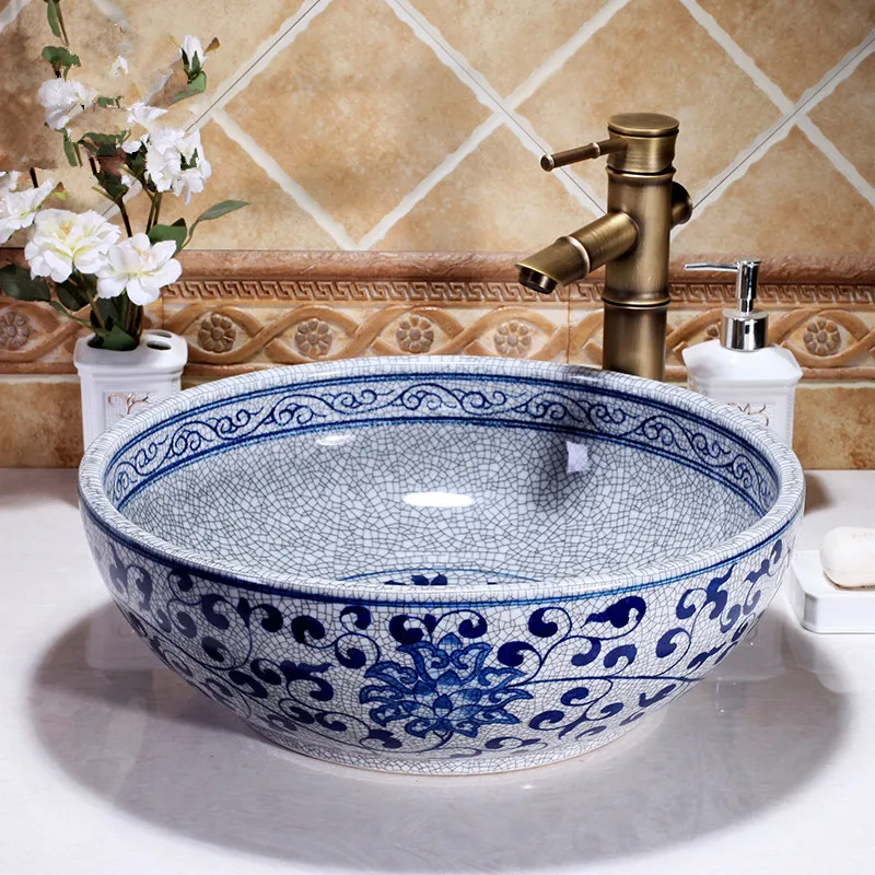 

Art Wash Bowl Round Wash Basin Lavabo Counter top Sink Vessel blue and white handmade ceramic wash basin Bathroom sink