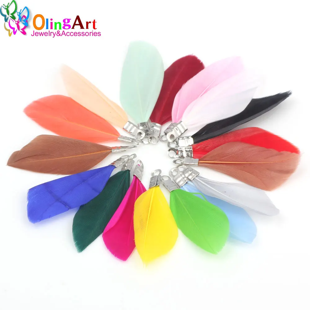 OlingArt Natural Feathers 10pcs Colorful Feathers 35MM Women Choker Necklace Jewelry Making Straps KeyChain Pendants Charms