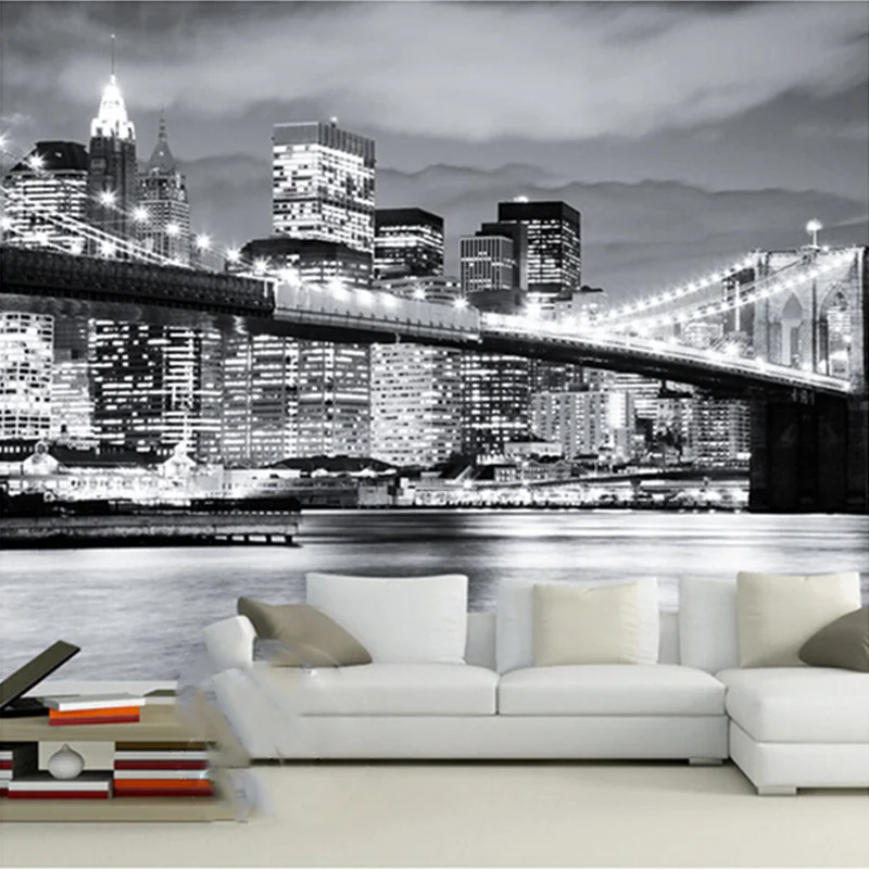 Custom Mural Wallpaper Black And White City Night View Bridge Living Room Bedroom Sofa Decor Wallpaper For Walls 3D Papier Peint