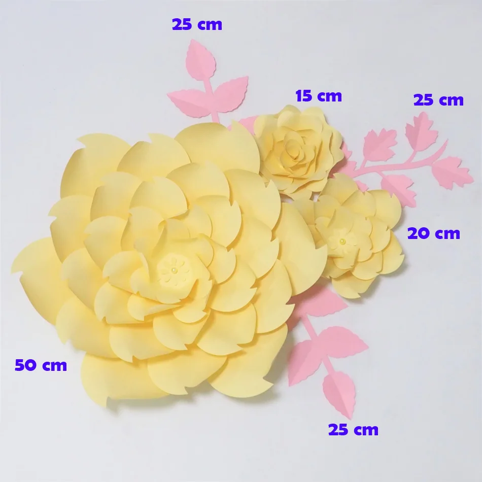 DIY Giant Paper Flowers Fleurs Artificielles Backdrop Artificial Rose 3pcs+3 Leaves Wedding Party Decor Bedroom Decor Yellow