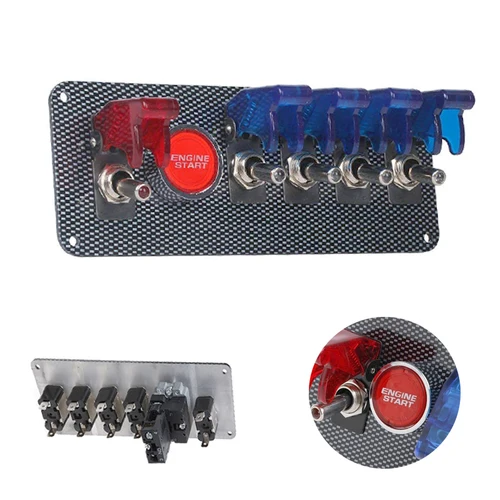 Imagen 2 del producto Panel de interruptor de encendido de coche de carreras, interruptor de encendido de combinación de 5 LED, botón de arranque del motor, palanca de fibra de carbono, DC12V/20A